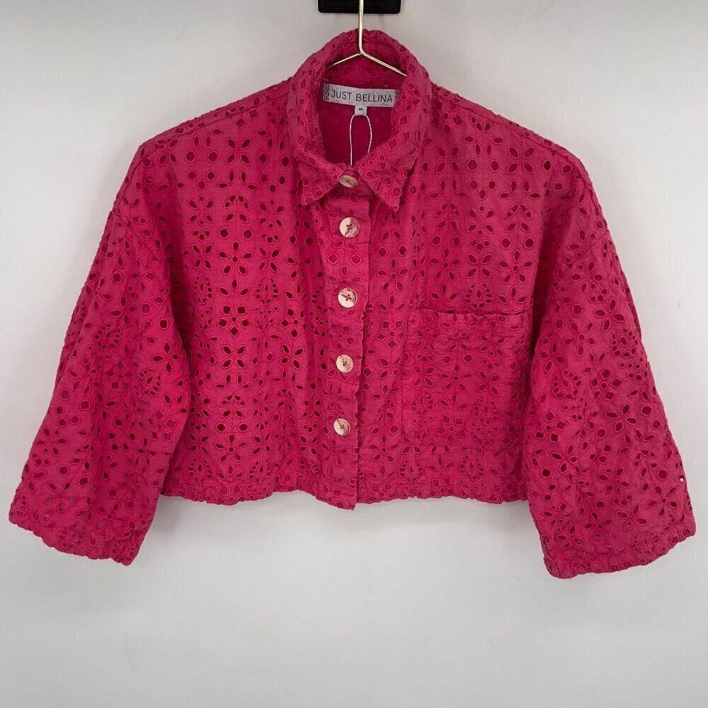 Just Bellina Pink Eyelet Embroidered Cropped Jacket Women’s Medium NWOT